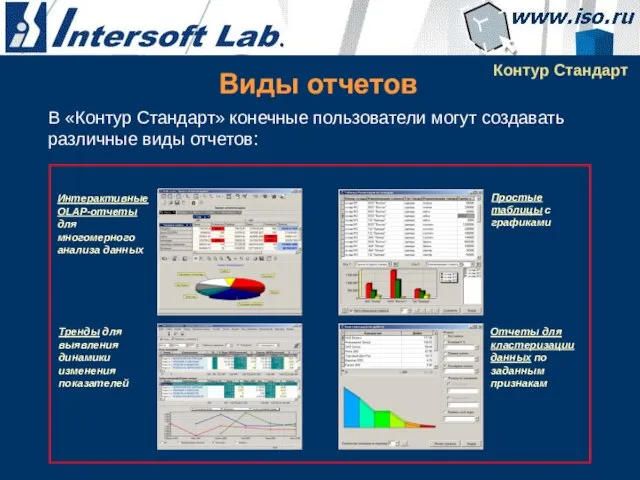 Виды отчетов Контур Стандарт В «Контур Стандарт» конечные пользователи могут создавать различные