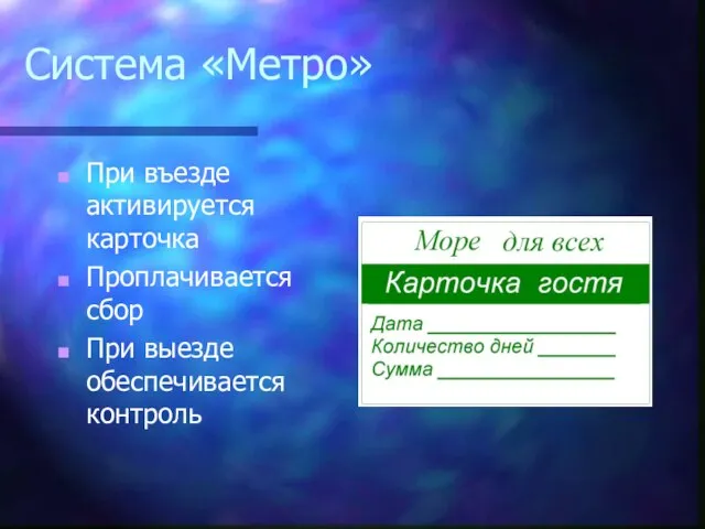 Система «Метро» При въезде активируется карточка Проплачивается сбор При выезде обеспечивается контроль