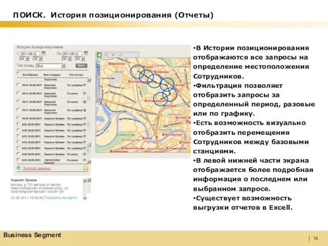 В Истории позиционирования отображаются все запросы на определение местоположения Сотрудников. Фильтрация позволяет