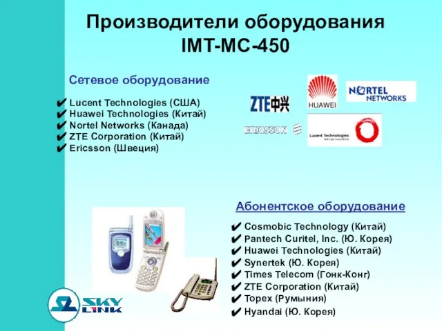 Производители оборудования IMT-MC-450 Lucent Technologies (США) Huawei Technologies (Китай) Nortel Networks (Канада)