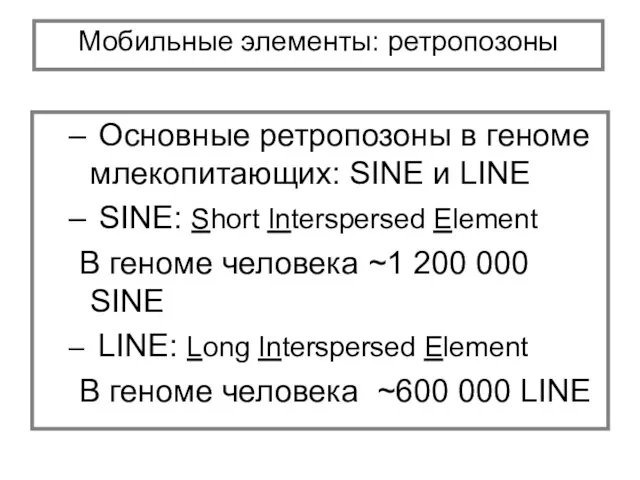 Мобильные элементы: ретропозоны Основные ретропозоны в геноме млекопитающих: SINE и LINE SINE: