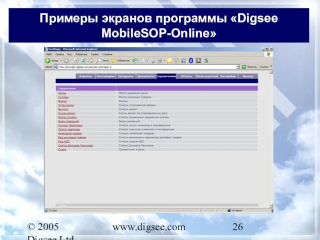 © 2005 Digsee Ltd www.digsee.com Примеры экранов программы «Digsee MobileSOP-Online»