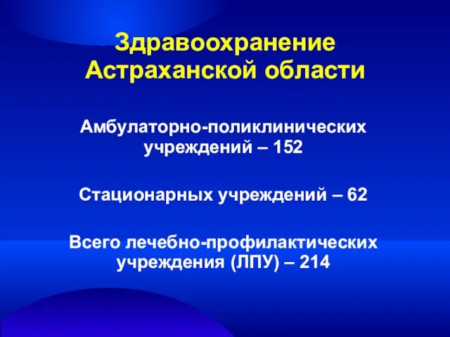 Здравоохранение Астраханской области Амбулаторно-поликлинических учреждений – 152 Стационарных учреждений – 62 Всего