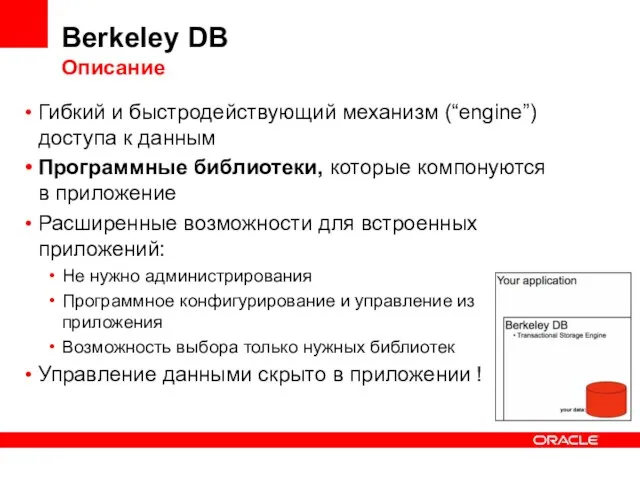 Berkeley DB Описание Гибкий и быстродействующий механизм (“engine”) доступа к данным Программные