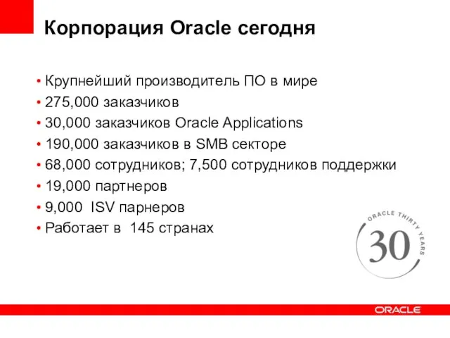 Корпорация Oracle сегодня Крупнейший производитель ПО в мире 275,000 заказчиков 30,000 заказчиков