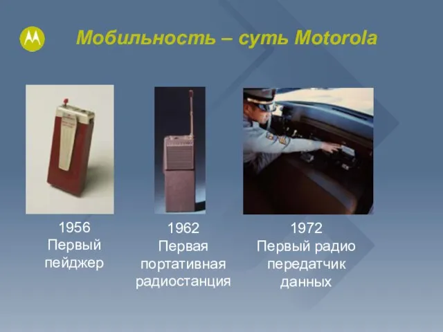 Мобильность – суть Motorola 1956 Первый пейджер 1962 Первая портативная радиостанция 1972 Первый радио передатчик данных