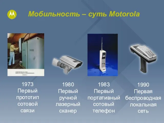 Мобильность – суть Motorola 1973 Первый прототип сотовой связи 1980 Первый ручной