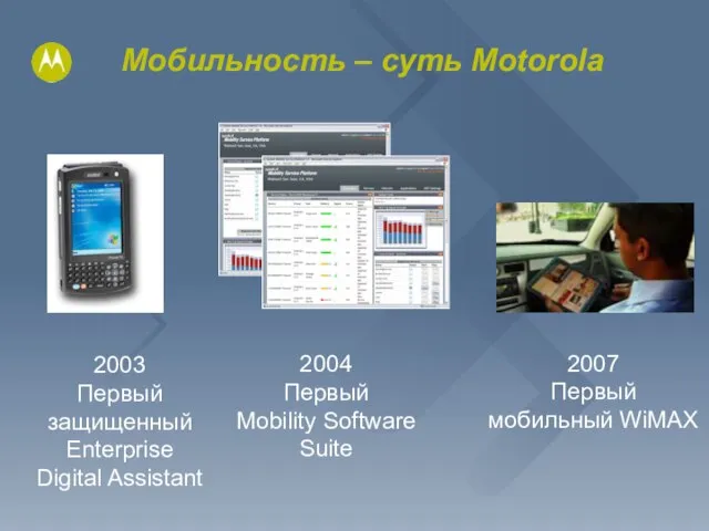 Мобильность – суть Motorola 2007 Первый мобильный WiMAX 2003 Первый защищенный Enterprise