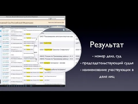 Результат - номер дела, суд - председательствующий судья - наименование участвующих в деле лиц