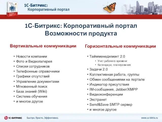 1С-Битрикс: Корпоративный портал Возможности продукта Вертикальные коммуникации Новости компании Фото и Видеогалерея