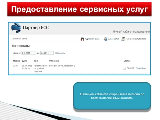 Предоставление сервисных услуг В Личном кабинете сохраняется история по всем выполненным заказам.