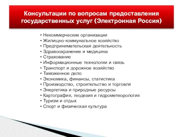 Консультации по вопросам предоставления государственных услуг (Электронная Россия) Некоммерческие организации Жилищно-коммунальное хозяйство