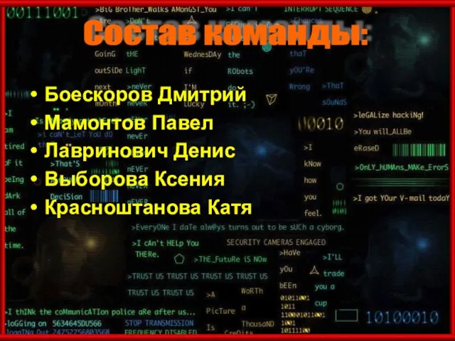 Состав команды: Боескоров Дмитрий Мамонтов Павел Лавринович Денис Выборова Ксения Красноштанова Катя