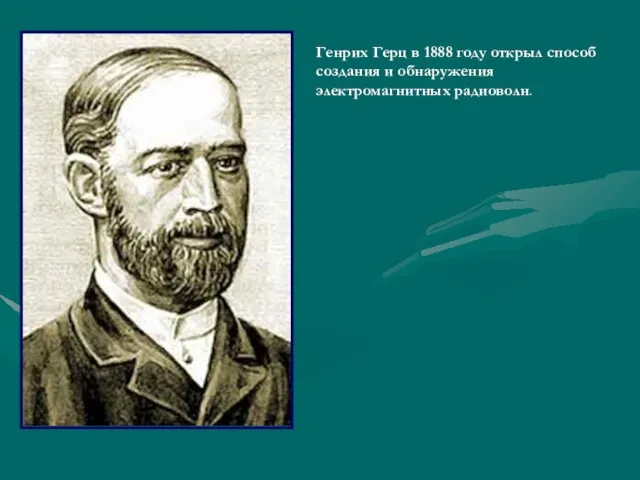 Генрих Герц в 1888 году открыл способ создания и обнаружения электромагнитных радиоволн.