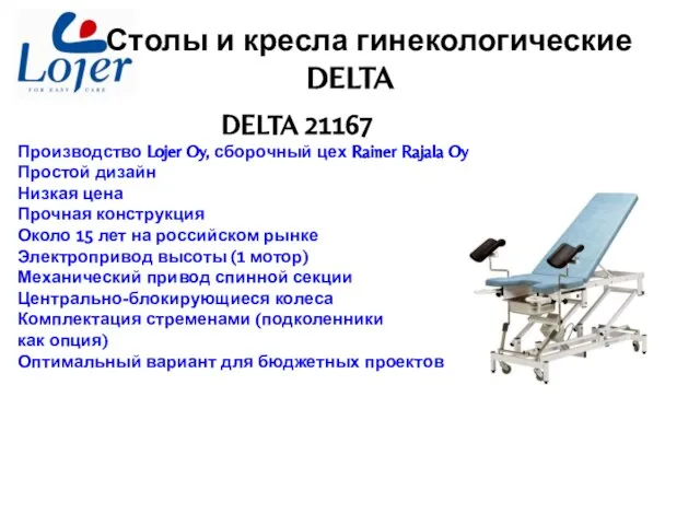 Столы и кресла гинекологические DELTA DELTA 21167 Производство Lojer Oy, сборочный цех