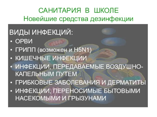 САНИТАРИЯ В ШКОЛЕ Новейшие средства дезинфекции ВИДЫ ИНФЕКЦИЙ: ОРВИ ГРИПП (возможен и