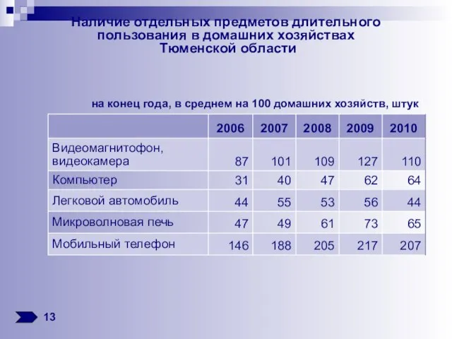 Наличие отдельных предметов длительного пользования в домашних хозяйствах Тюменской области 13 на