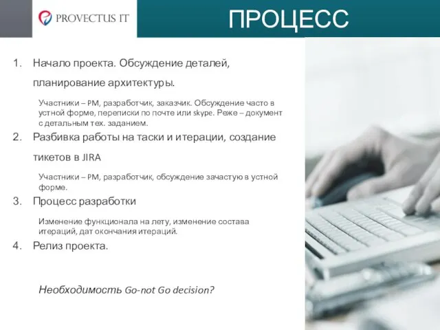 ПРОЦЕСС Начало проекта. Обсуждение деталей, планирование архитектуры. Участники – PM, разработчик, заказчик.