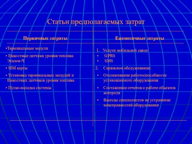 Статьи предполагаемых затрат Первичные затраты Ежемесячные затраты Терминальные модули Емкостные датчики уровня