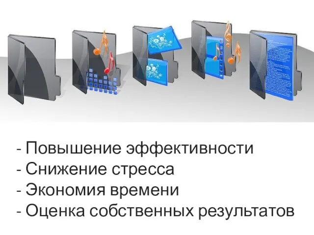 Повышение эффективности Снижение стресса Экономия времени Оценка собственных результатов