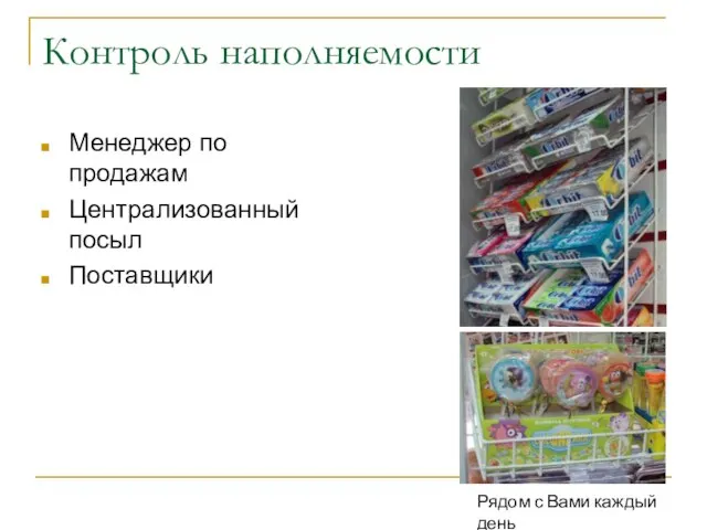 Контроль наполняемости Менеджер по продажам Централизованный посыл Поставщики Рядом с Вами каждый день