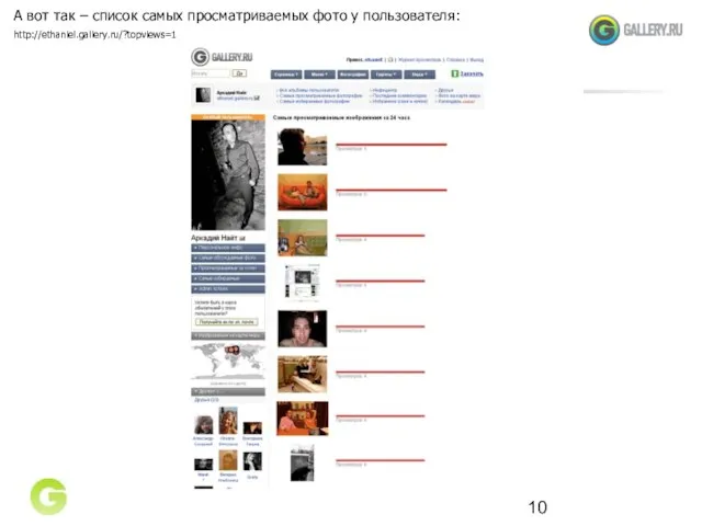 А вот так – список самых просматриваемых фото у пользователя: http://ethaniel.gallery.ru/?topviews=1