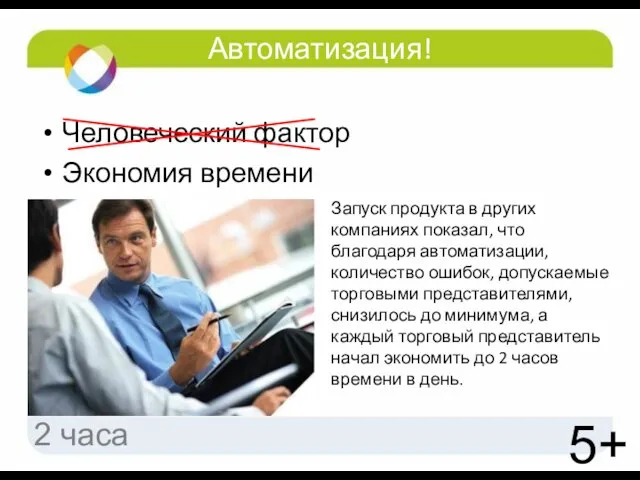 Автоматизация! Человеческий фактор Экономия времени 5+ 2 часа Запуск продукта в других