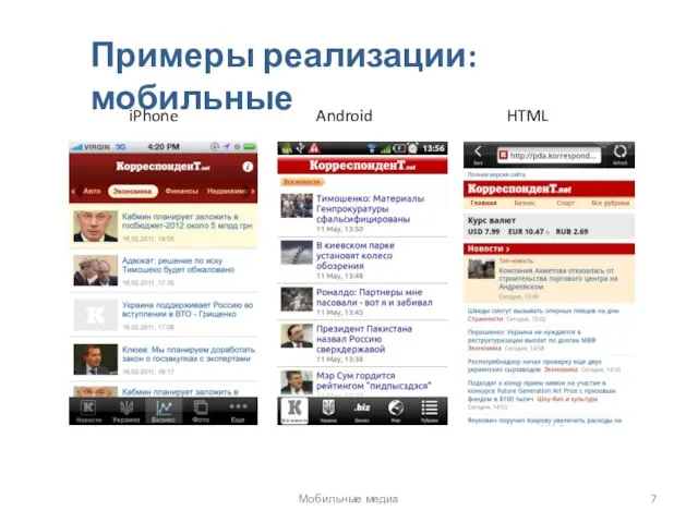 Примеры реализации: мобильные iPhone Android HTML Мобильные медиа