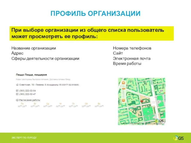 ПРОФИЛЬ ОРГАНИЗАЦИИ При выборе организации из общего списка пользователь может просмотреть ее