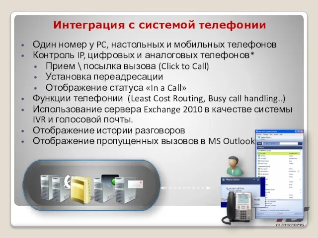 Интеграция с системой телефонии Один номер у PC, настольных и мобильных телефонов