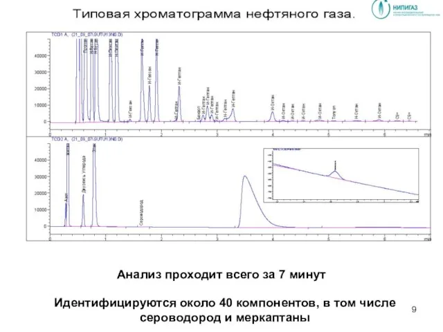 Анализ проходит всего за 7 минут Идентифицируются около 40 компонентов, в том числе сероводород и меркаптаны