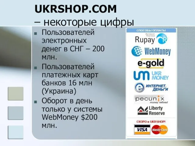 UKRSHOP.COM – некоторые цифры Пользователей электронных денег в СНГ – 200 млн.