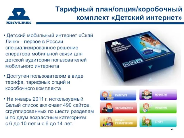 На январь 2011 г. используемый Белый список включает 490 сайтов, сгруппированных по