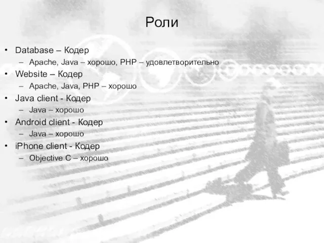 Роли Database – Кодер Apache, Java – хорошо, PHP – удовлетворительно Website