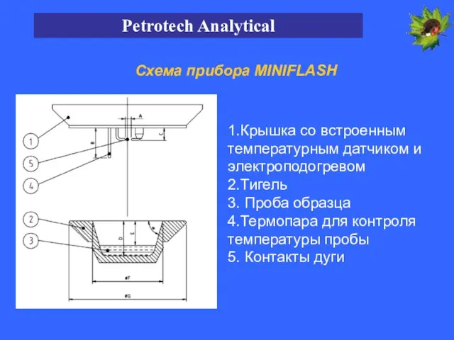 1.Крышка со встроенным температурным датчиком и электроподогревом 2.Тигель 3. Проба образца 4.Термопара