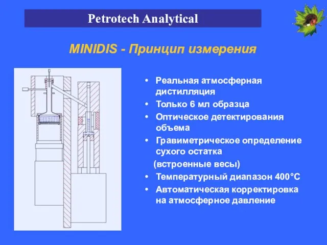 MINIDIS - Принцип измерения Реальная атмосферная дистилляция Только 6 мл образца Оптическое