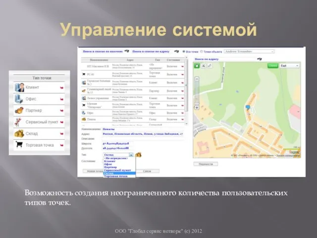 Управление системой ООО "Глобал сервис нетворк" (с) 2012 Возможность создания неограниченного количества пользовательских типов точек.