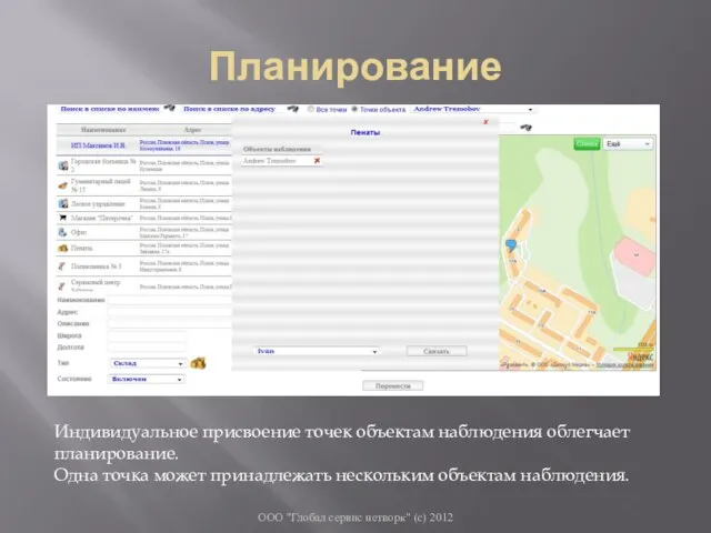 Планирование ООО "Глобал сервис нетворк" (с) 2012 Индивидуальное присвоение точек объектам наблюдения