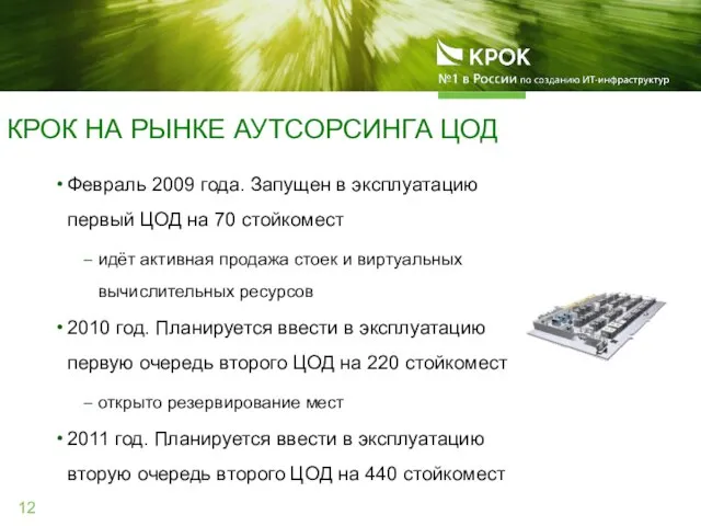 Февраль 2009 года. Запущен в эксплуатацию первый ЦОД на 70 стойкомест идёт