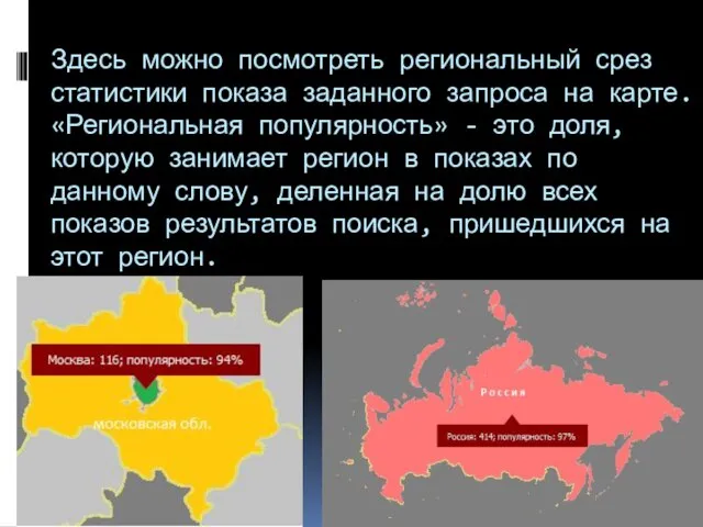 Здесь можно посмотреть региональный срез статистики показа заданного запроса на карте. «Региональная