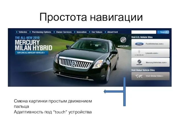 Простота навигации Смена картинки простым движением пальца Адаптивность под “touch” устройства