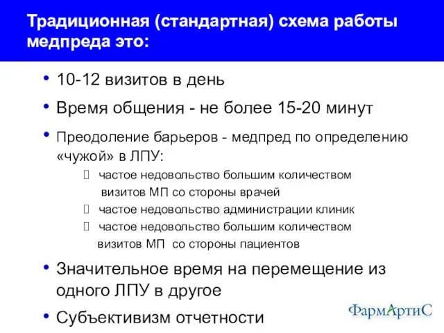 Традиционная (стандартная) схема работы медпреда это: 10-12 визитов в день Время общения