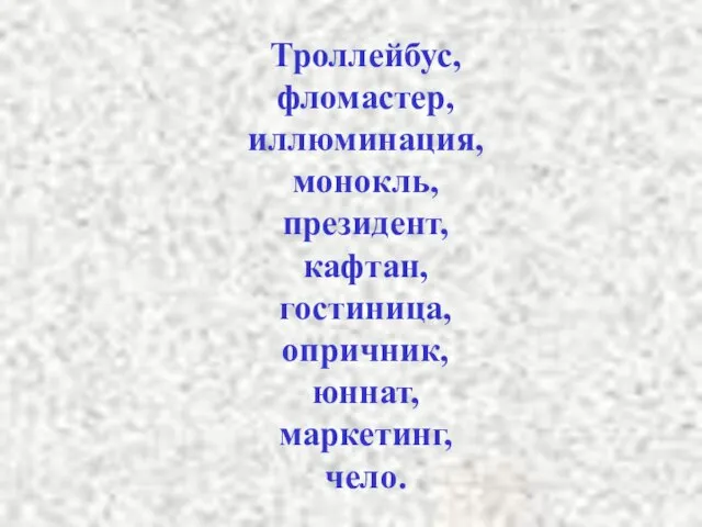 Троллейбус, фломастер, иллюминация, монокль, президент, кафтан, гостиница, опричник, юннат, маркетинг, чело.