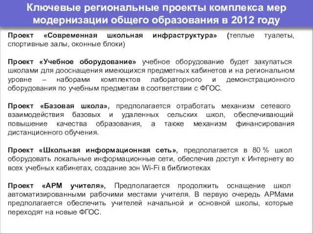 Ключевые региональные проекты комплекса мер модернизации общего образования в 2012 году Проект