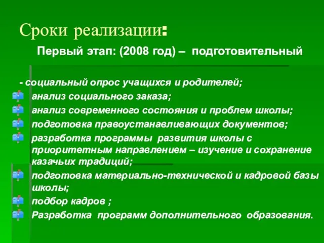 Сроки реализации: Первый этап: (2008 год) – подготовительный - социальный опрос учащихся