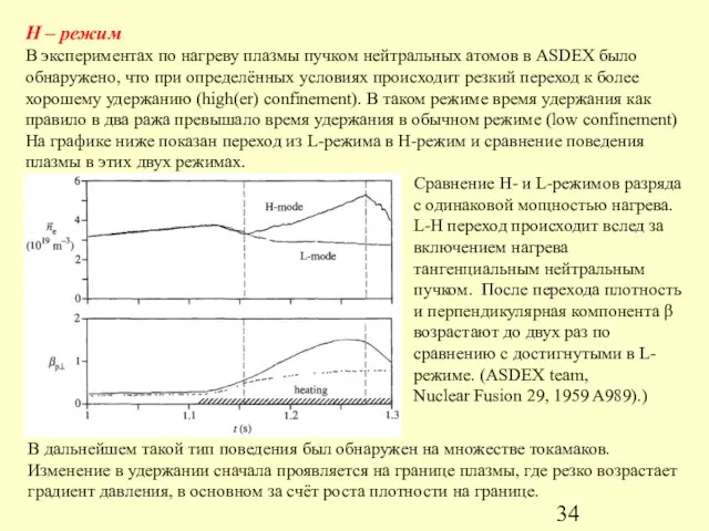 H – режим В экспериментах по нагреву плазмы пучком нейтральных атомов в