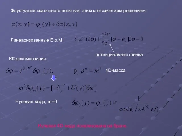 Флуктуации скалярного поля над этим классическим решением: Линеаризованные E.o.M. потенциальная стенка 4D-масса