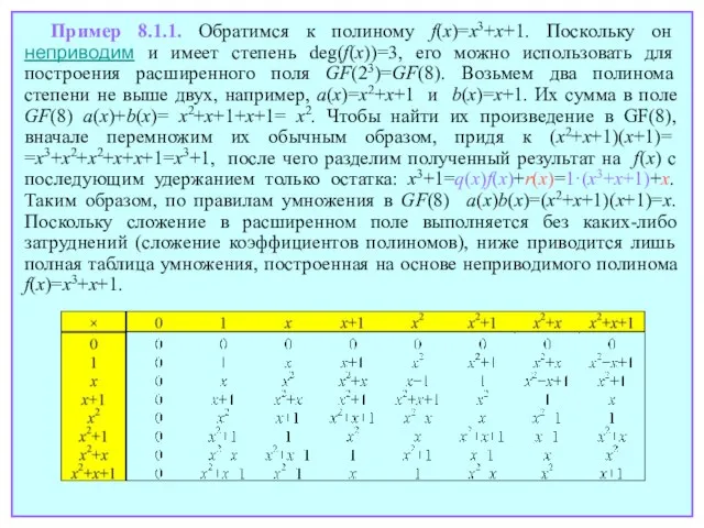 Пример 8.1.1. Обратимся к полиному f(x)=x3+x+1. Поскольку он неприводим и имеет степень