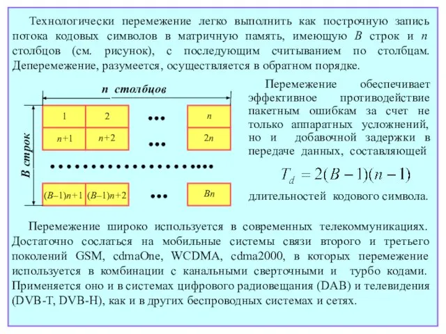 Технологически перемежение легко выполнить как построчную запись потока кодовых символов в матричную