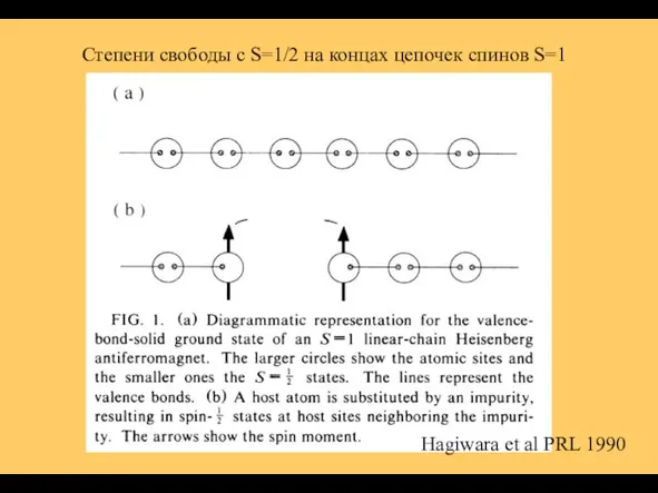 Степени свободы c S=1/2 на концах цепочек спинов S=1 Hagiwara et al PRL 1990